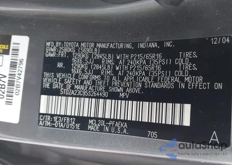 2005 Toyota Sienna Le z USA, uszkodzony, nr VIN 5TDZA23C95S264490